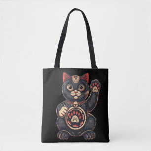 schattig Maneki Neko kat print getekend Japans Draagtas