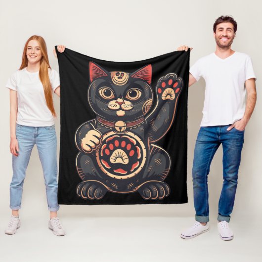 schattig Maneki Neko kat print getekend Japans Fleece Deken (In situ)