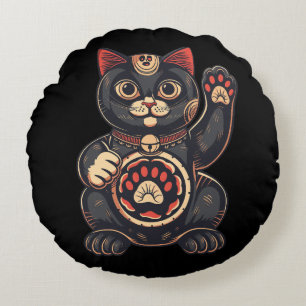 schattig Maneki Neko kat print getekend Japans Rond Kussen
