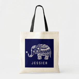 Schattig marineblauw & wit bloemenolifant tote bag