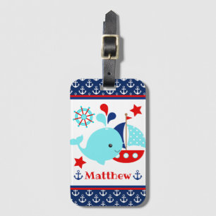 Schattig maritiem blauwe walvis en ankerpatroon bagagelabel