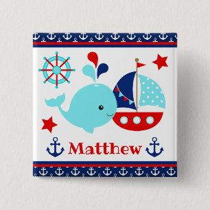 Schattig maritiem blauwe walvis en ankers patroon vierkante button 5,1 cm