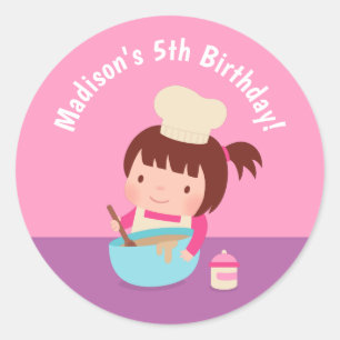 Schattig meisje bakkende chef verjaardagsfeestje d ronde sticker