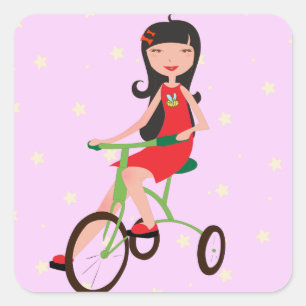 Schattig Meisje dat op een Driewieler rijdt Cartoo Vierkante Sticker