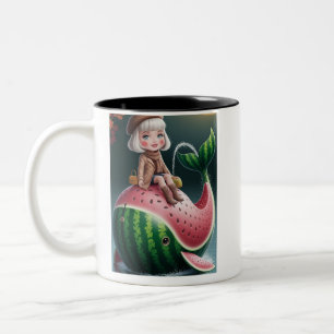 Schattig Meisje dat op een Watermeloen Walvis Rijd Tweekleurige Koffiemok