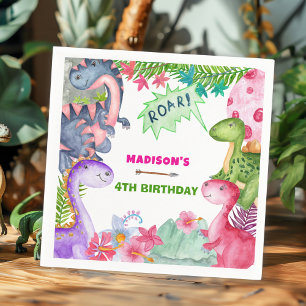 Schattig meisje dinosaurus 4e verjaardagsfeestje servet