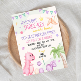 Schattig Meisje Dinosaurus Verjaardagsfeestuitnodi Kaart