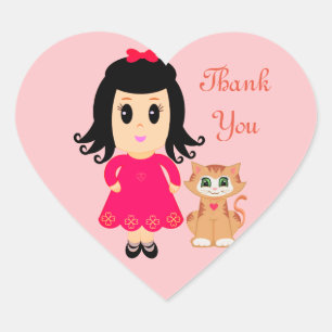 Schattig meisje & een rode kat op roze Bedankt Hart Sticker