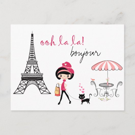 Schattig Meisje en Kat in Parijs Eiffeltoren Bonjo Briefkaart (Voorkant)