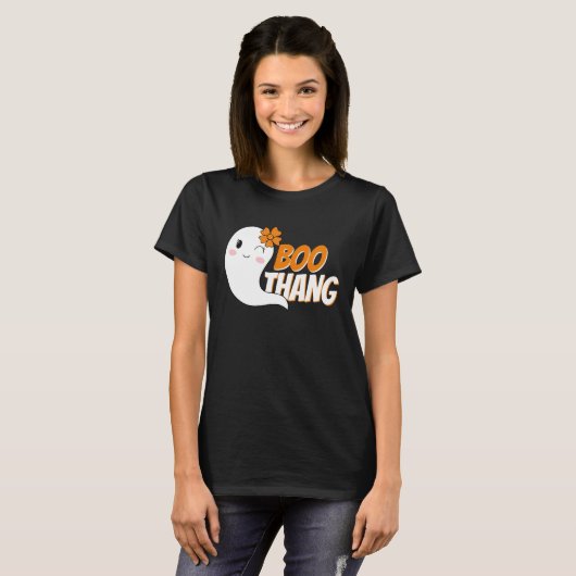 Schattig Meisje Ghost Boo Thang Zwart Halloween T-shirt (Voorkant volledig)