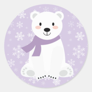Schattig Meisje Ijsbeer Winter Sneeuwvlok Paars Ronde Sticker