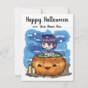 Schattig meisje in pompoen Halloween seizoenskaa Feestdagenkaart