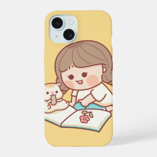 Schattig meisje leest met kat – Pastel esthetische iPhone 15 Hoesje