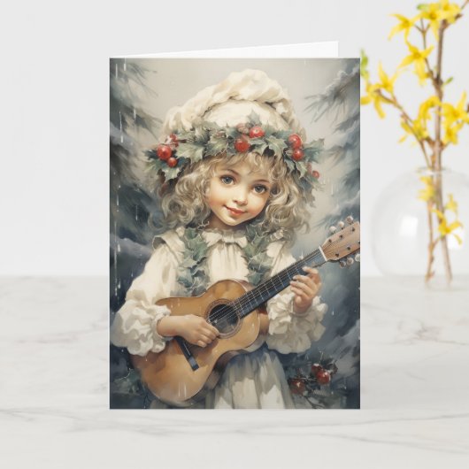 Schattig meisje met een gitaar kerst kaart (Gele Bloem)