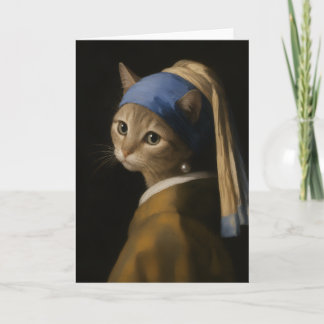 Schattig Meisje Met een Parel Oorbel Kat Cartoon K Kaart