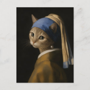 Schattig Meisje Met Een Parel Oorbel Kat Kunst Briefkaart