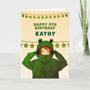 Schattig Meisje met Groene Kikker Hoodie Tekening  Kaart