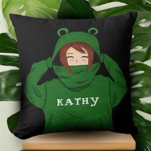 Schattig Meisje met Groene Kikker Hoodie Tekening Kussen