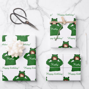 Schattig Meisje met Groene Kikker Trui Tekening Inpakpapier Vel