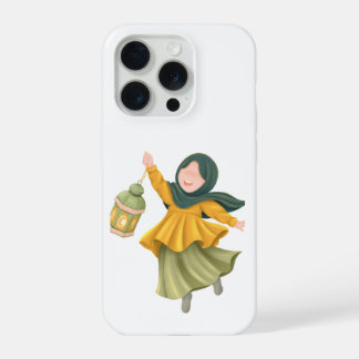 Schattig meisje met hoofddoek en lantaarnillustrat iPhone 15 pro hoesje
