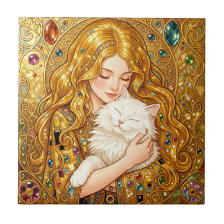 Schattig Meisje Met Kat Art Nouveau Gustav Klimt S Tegeltje