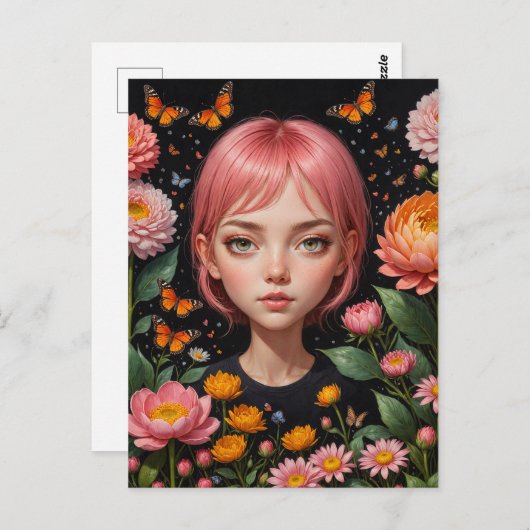 Schattig Meisje Met Roze Haar In De Bloemen Briefkaart (Voorkant / Achterkant)