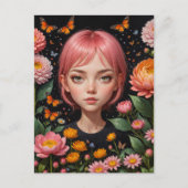 Schattig Meisje Met Roze Haar In De Bloemen Briefkaart (Voorkant)