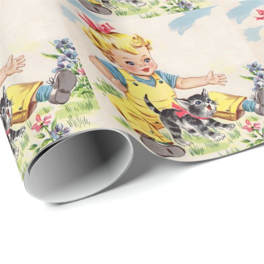 schattig meisje met schattig klein katje cadeaupapier (Rol Hoek)