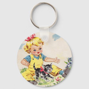 schattig meisje met schattig klein katje sleutelhanger