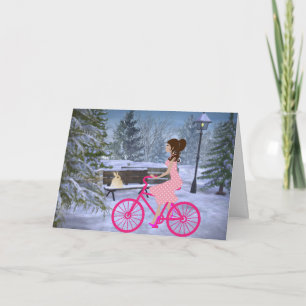 Schattig meisje op een roze fiets Winter Kaart
