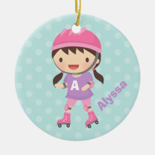 Schattig meisje op rolschaatsen in roze en paars keramisch ornament