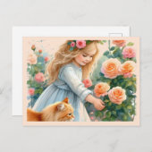 Schattig meisje plukken Rozen met haar kat Briefkaart (Voorkant / Achterkant)