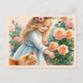 Schattig meisje plukken Rozen met haar kat Briefkaart (Voorkant)
