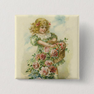 Schattig Meisje Roze Rozen Vierkante Button 5,1 Cm