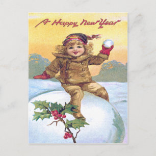 Schattig Meisje Sneeuwbal Hulst Sneeuw Briefkaart