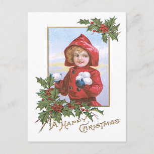 Schattig Meisje Sneeuwballen Hulst Briefkaart