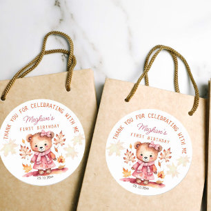 Schattig meisje teddybeer herfst verjaardag dank u ronde sticker