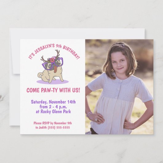 Schattig Meisjesachtig Boho Bloemstuk Pug Paarse B Kaart (Voorkant)