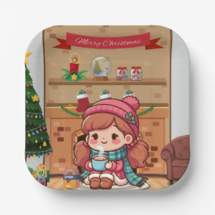 Schattig Merry Christmas meisje met warme chocolad Papieren Bordje