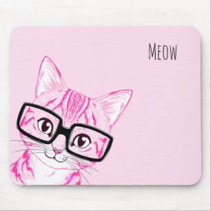 Schattig met de hand getekende nerdy Cat Art roze Muismat