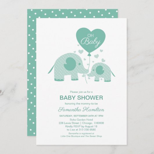 Schattig Mint Green Elephant Baby shower Kaart (Voorkant / Achterkant)