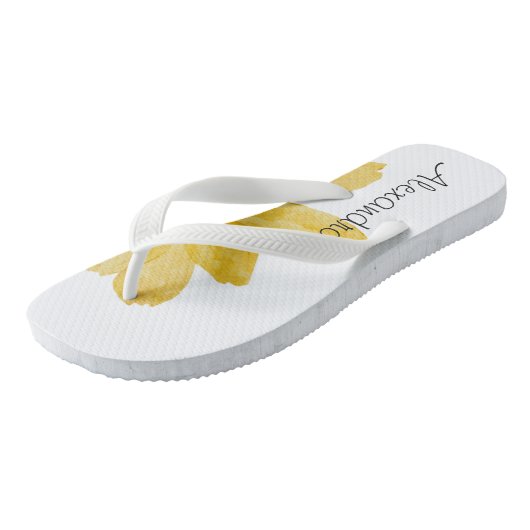 Schattig monogram L Gele waterverf floraal Wit Teenslippers (Schuin)