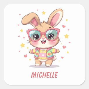 Schattig monogram meisjesachtig konijn met bril vierkante sticker