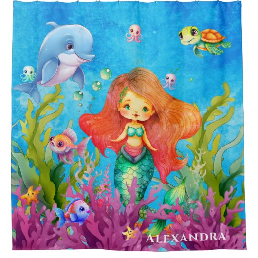 Schattig Monogram Zeemeermin Zee Schildpad Dolfijn Douchegordijn (Voorkant)