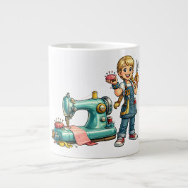 Schattig naaimeisje Cartoon met vintage machine Extra Grote Beker