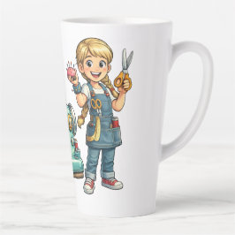 Schattig naaimeisje Cartoon met vintage machine Latte Mok