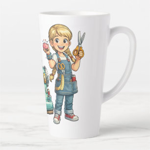 Schattig naaimeisje Cartoon met vintage machine Latte Mok