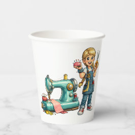 Schattig naaimeisje Cartoon met vintage machine Papieren Bekers