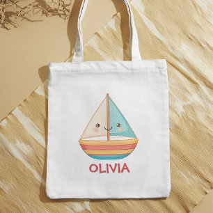Schattig nautisch kleurrijk zeilboot tote bag