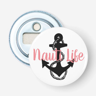 schattig nautisch NAUTI LEVEN met anker Button Flesopener